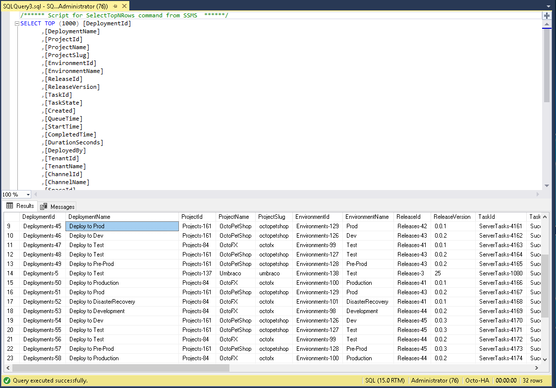 Querying the Octopus deployment history directly with SQL